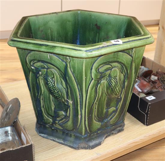 A Majolica green glazed hexagonal jardiniere by Gribson & Co. height 37cm